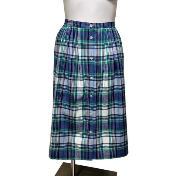 Vintage 80s Alfred Dunner M/L Blue Green White Plaid Button Front Midi Skirt USA - Picture 1 of 7